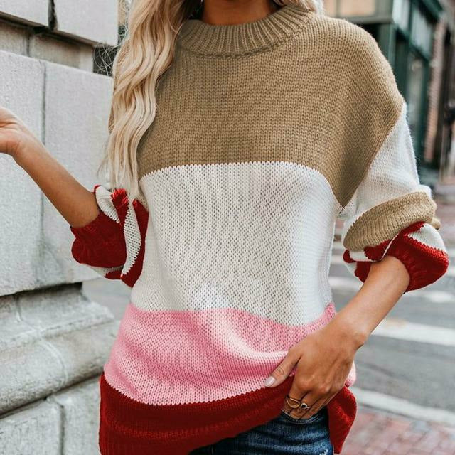 Street-wave Striped Knit Pullover With Double Stitch Seam, Cozy Cotton-Poly Knit Sweater For Women