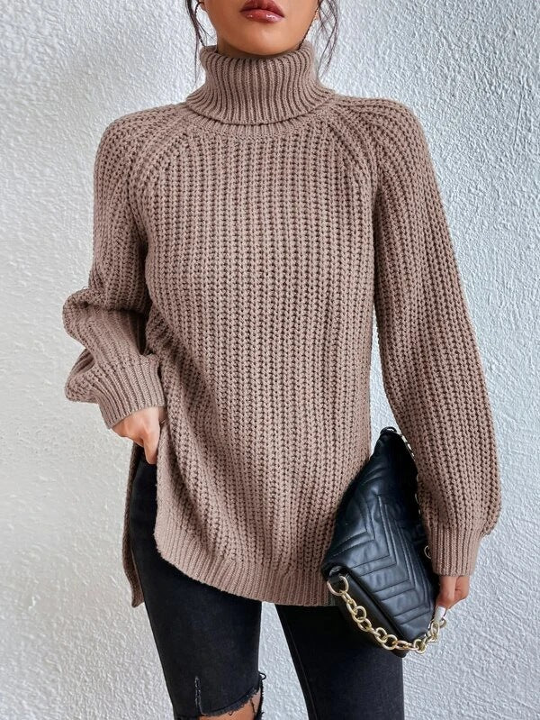 Street-Wave Cozy Turtle Neck Ribbed Knit Pullover With Side Slits For Women All Day Comfort
