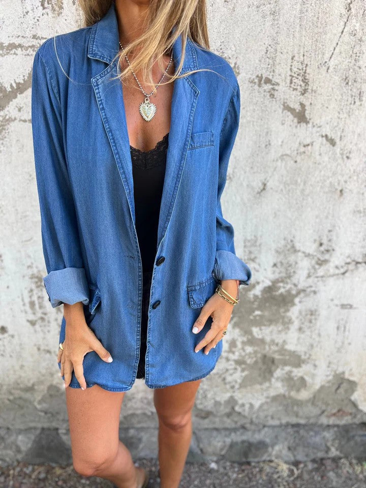 Street-Wave Denim Mid-Length Jacket With Relaxed Lapel Collar For Women Everyday Wardrobe Essential