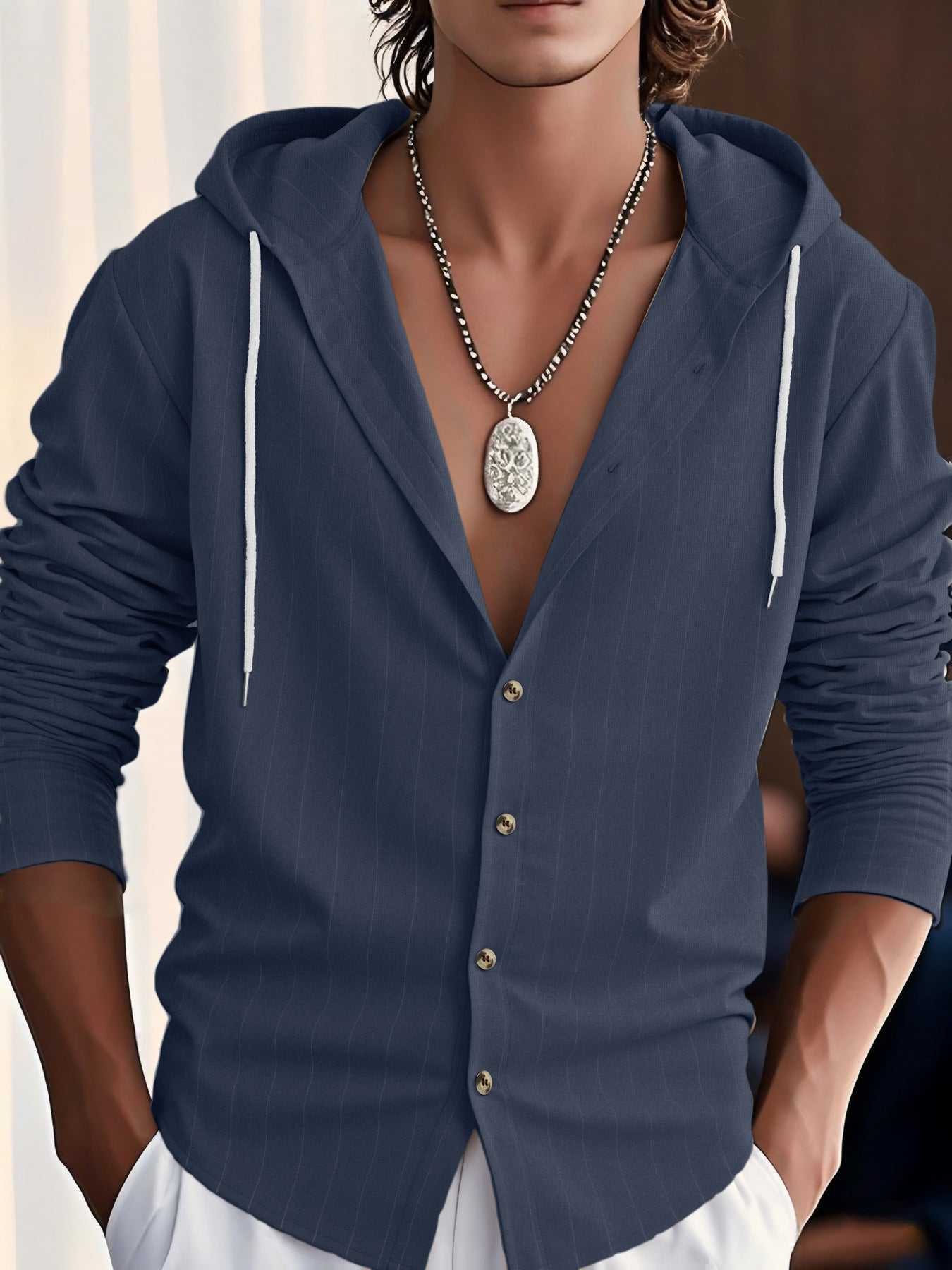 Street-Wave Men's Hooded Blouse Cotton Blend Relaxed Fit Textured Stripes