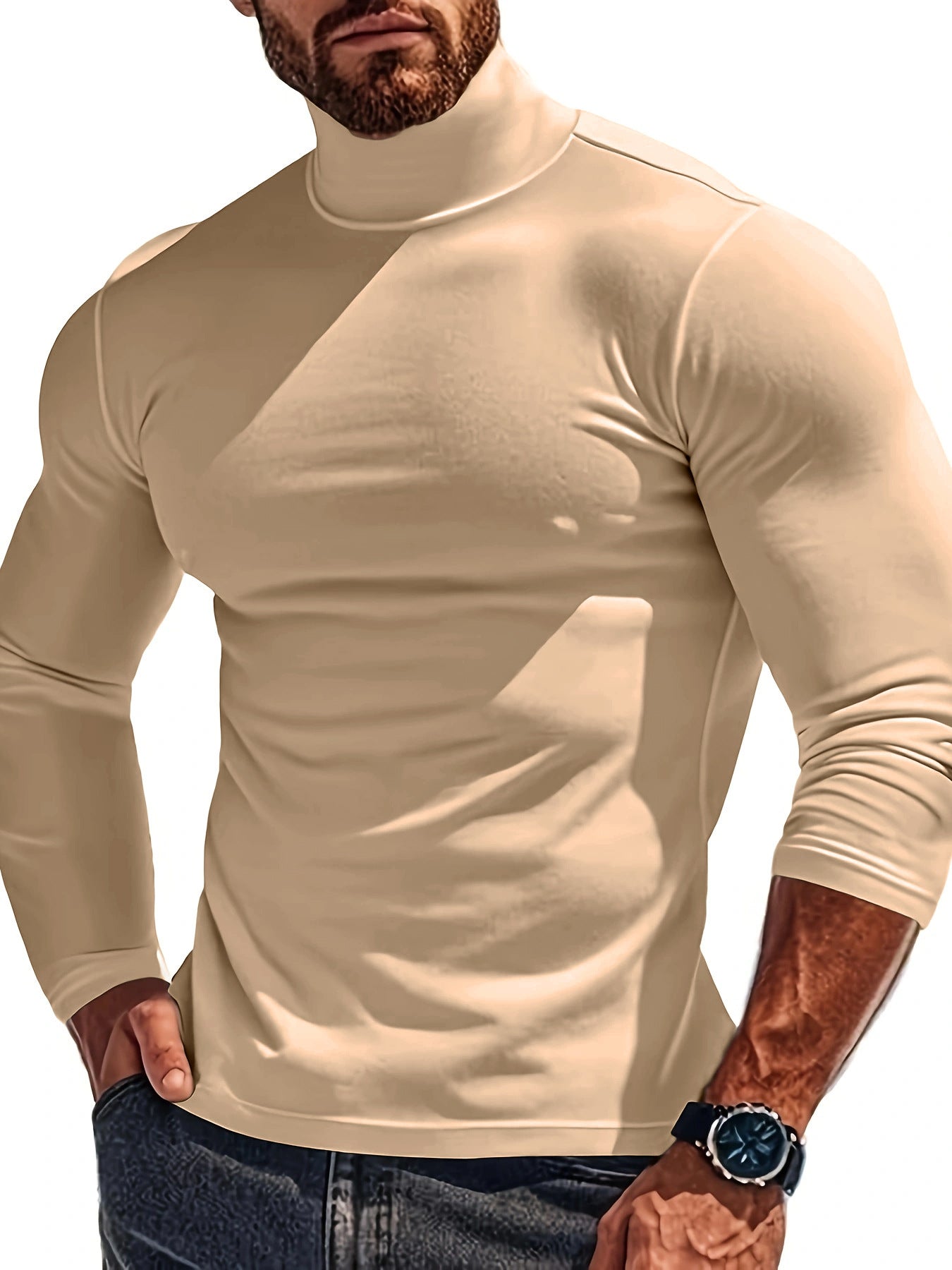 Mens Long Sleeve Turtleneck Shirt Breathable Fabric Street-wave For Modern Men Versatile Comfort