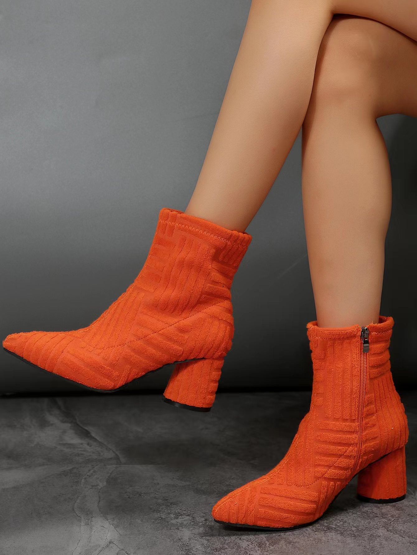 Street Wave Women Knit Ankle Boots With Cozy Block Heel For All Day Comfort And Modern Style In Bold Orange