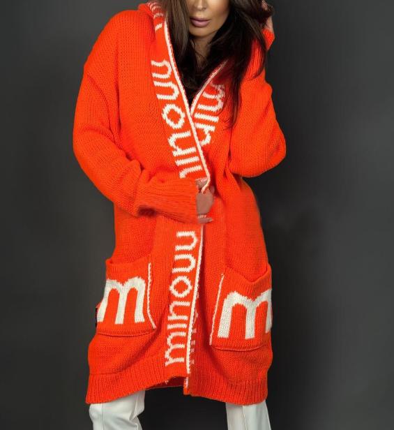 Women's Knit Cardigan Street-wave Cozy Soft Wool With Deep Pockets And Logo Print