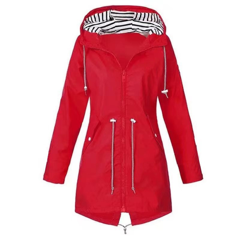 Street-wave Windproof Hooded Rain Jacket for Urban Commute With Tailored Fit and Striped Hood Lining