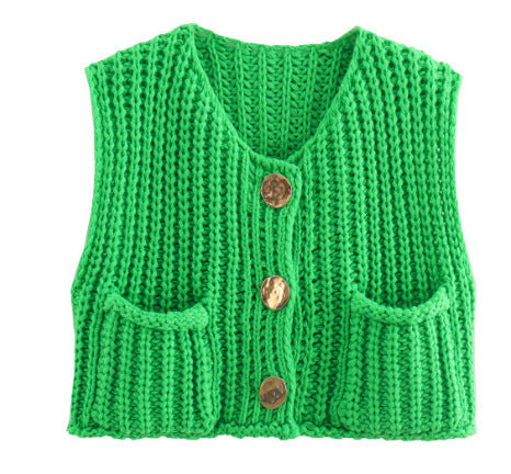 Street-Wave Women Knit Vest With Button Details And Pockets Trendy Breathable Cotton Blend