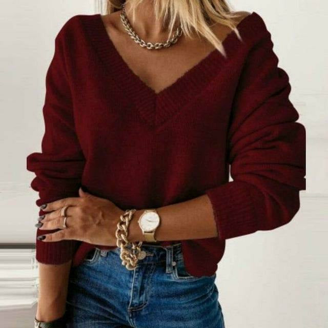 Street-wave Women V Neck Sweater Soft Cotton Polyester Blend Cozy Everyday Comfort