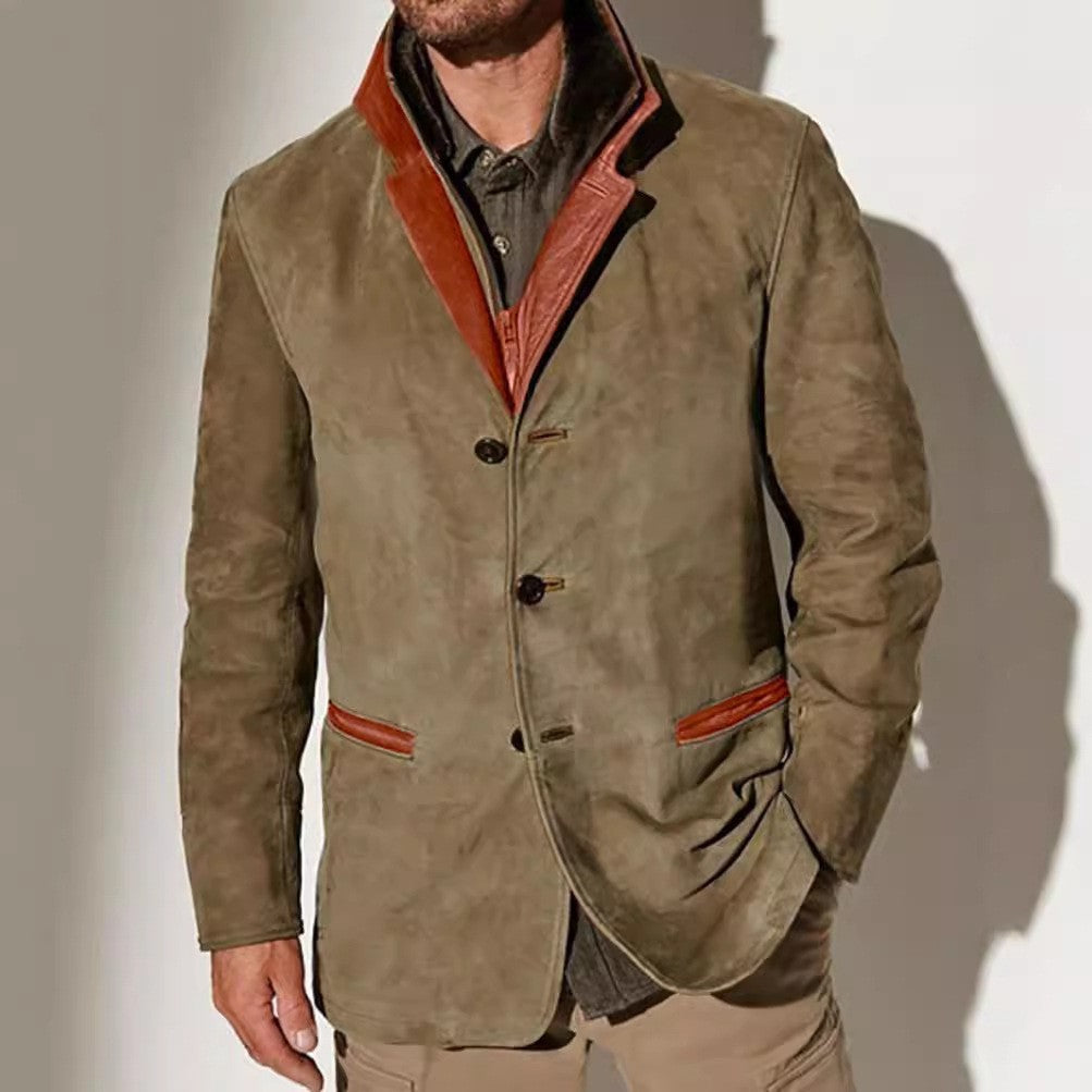 Street-wave Men's Suede Leather Jacket With Contrast Details - Elegant, Timeless Outerwear