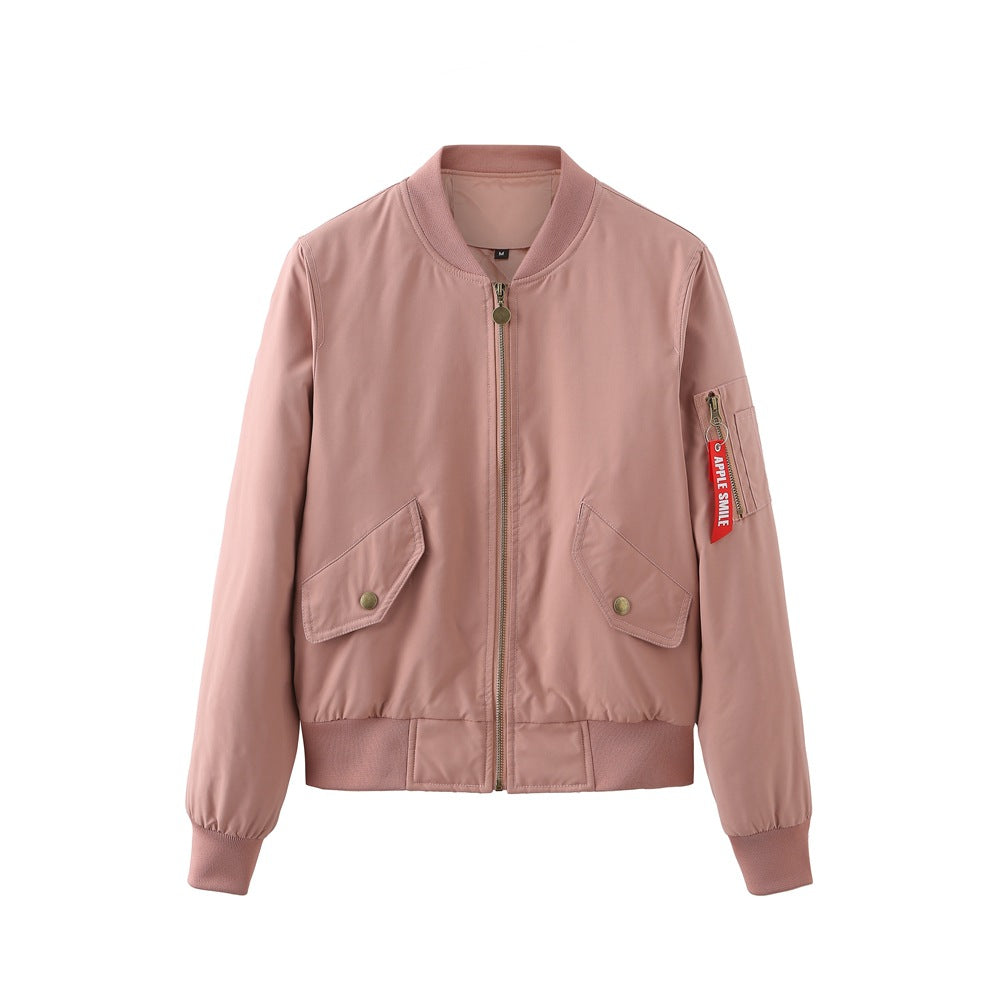 Street Wave Women Bomber Jacket With Practical Side Pockets And Elastic Cuffs Fashionable Pink
