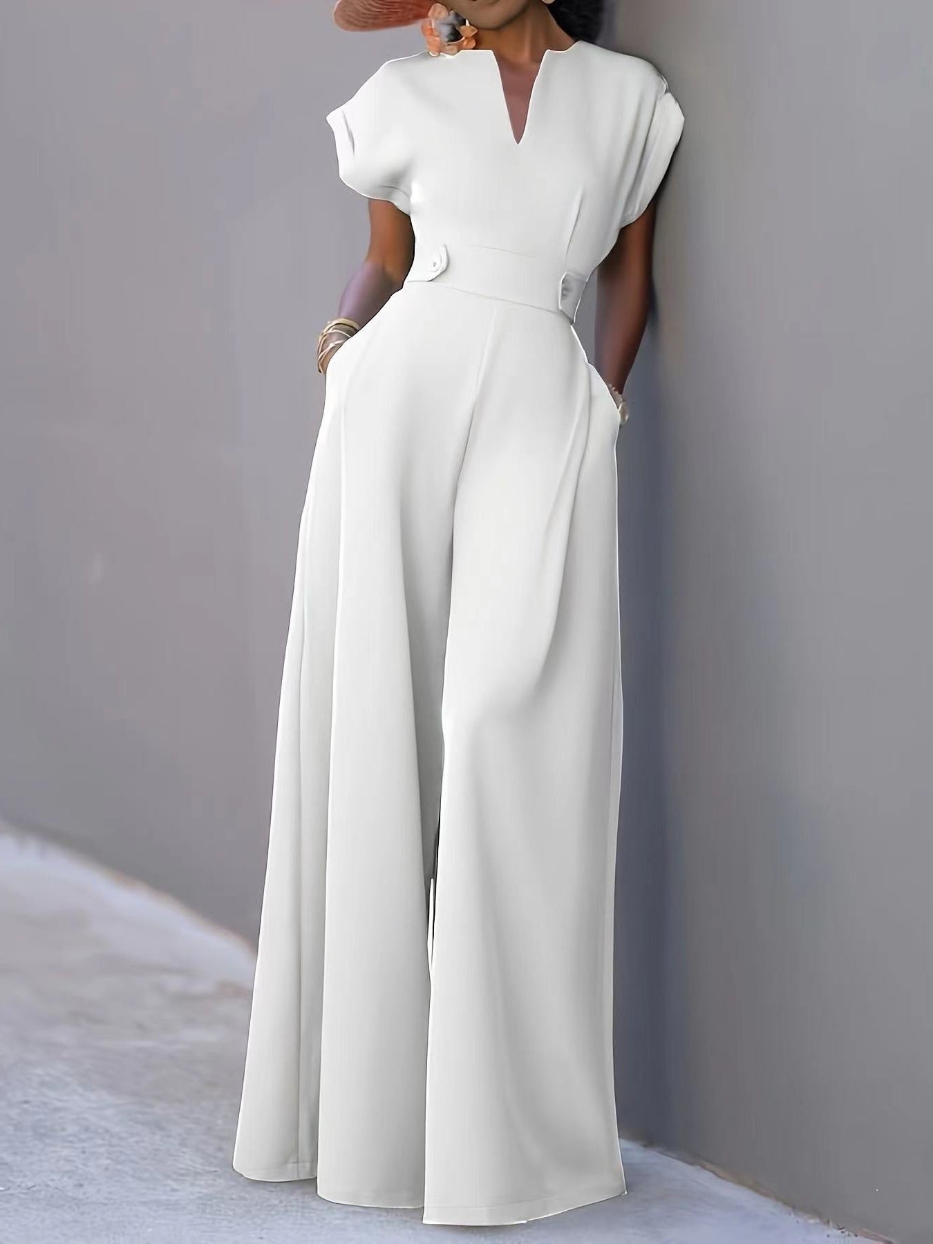 Street Wave Elegant Wide Leg Jumpsuit With Pockets For Women Flattering V Neck Belted Style