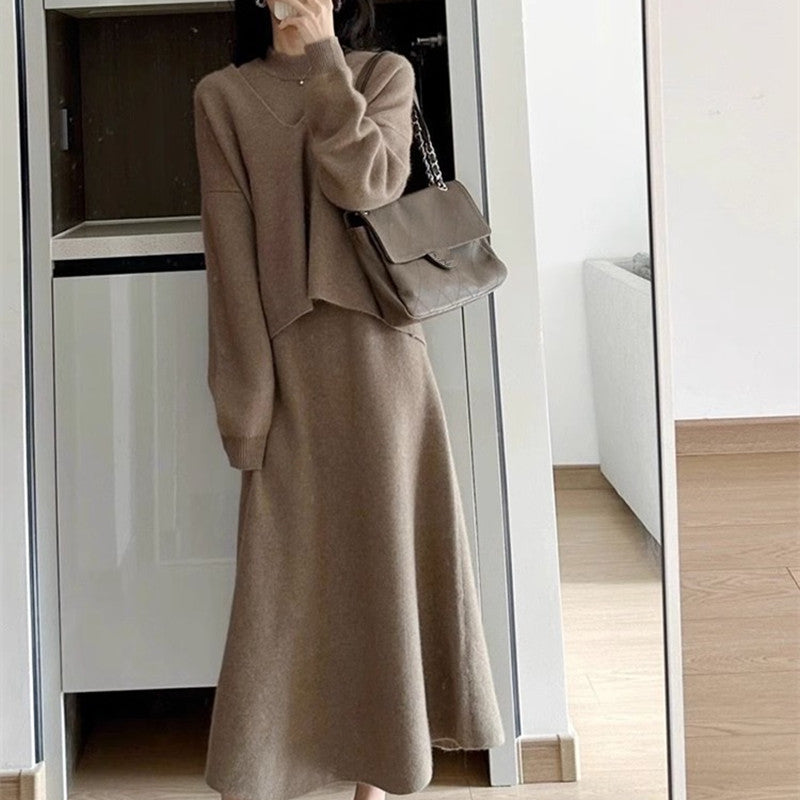 Street-wave Women's Knit Dress With Oversized Top And Elegant Midi Skirt For Modern Women