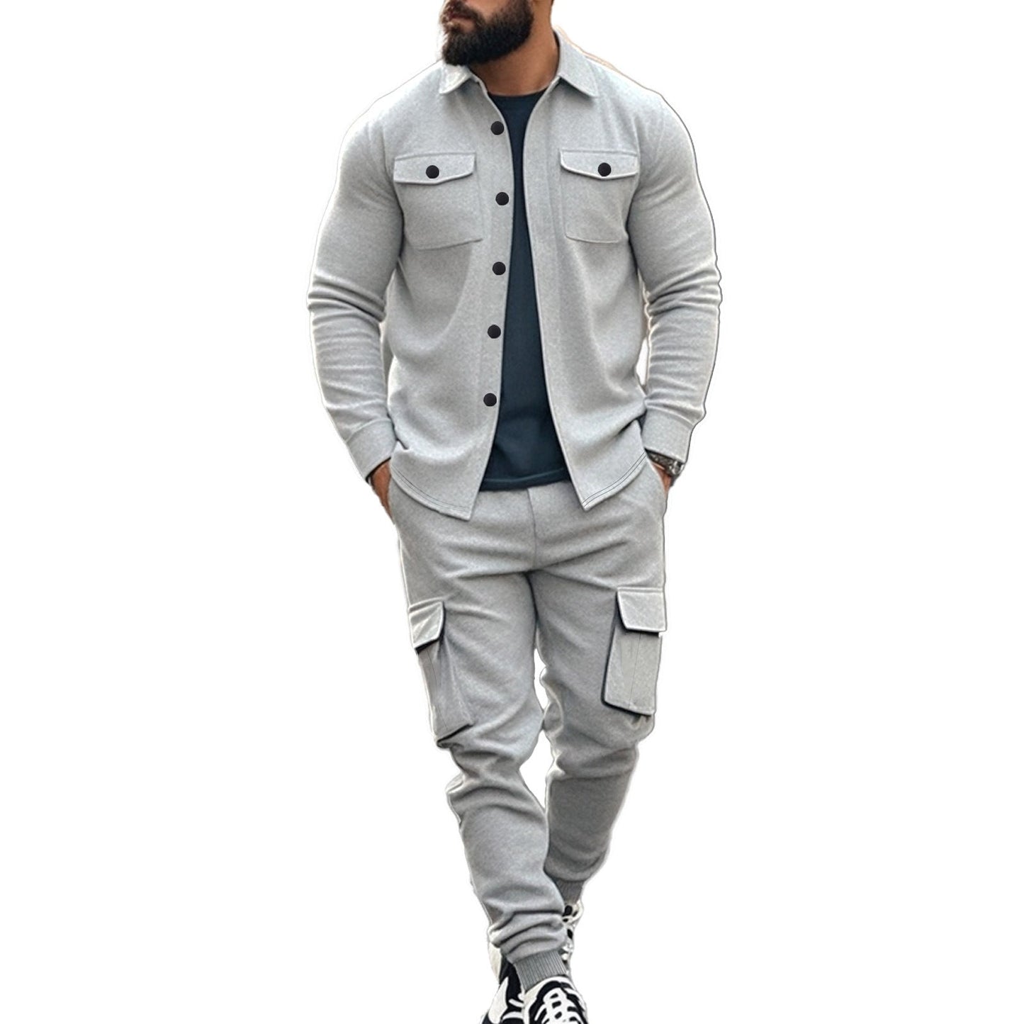 Street-wave Mens Cargo Set Shirt With Elastic Pants Comfortable Streetwear For Modern Men