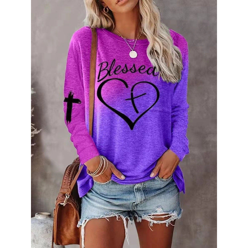 Long Sleeve Shirt Street-Wave Blessed Heart Graphic For Women, Comfortable Cotton Blend, Relaxed Fit
