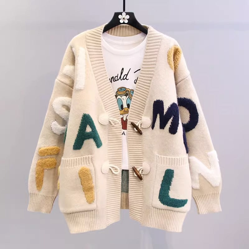 Street-wave Ladies Cardigan With Colorful Letter Motif