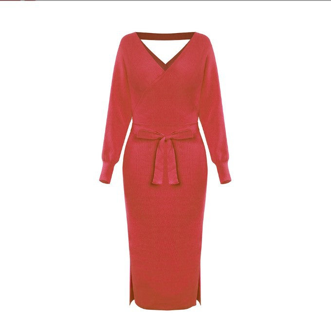 Street-wave Women Knit Wrap Dress With Side Slit Flattering Silhouette Elegant Cozy Knit