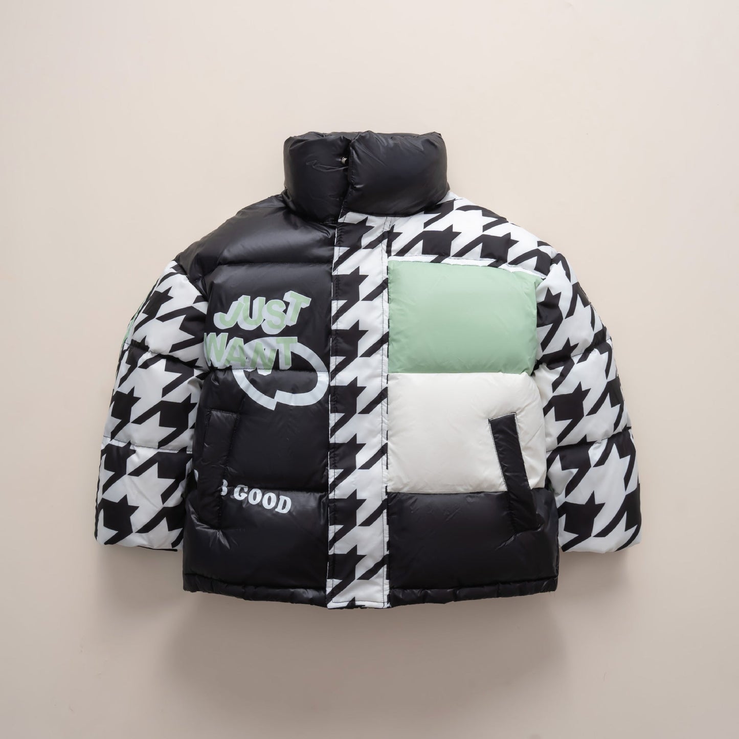 Street Wave Women Oversized Puffer Jacket With Trendy Patchwork Design For Cold Weather