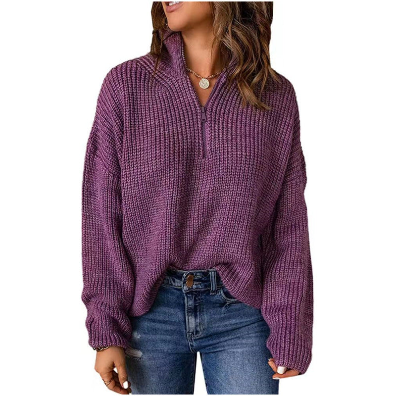 Street-wave Women Knit Pullover With Short Zipper Cozy Warm Olive Green Sweater Top Relaxed Fit