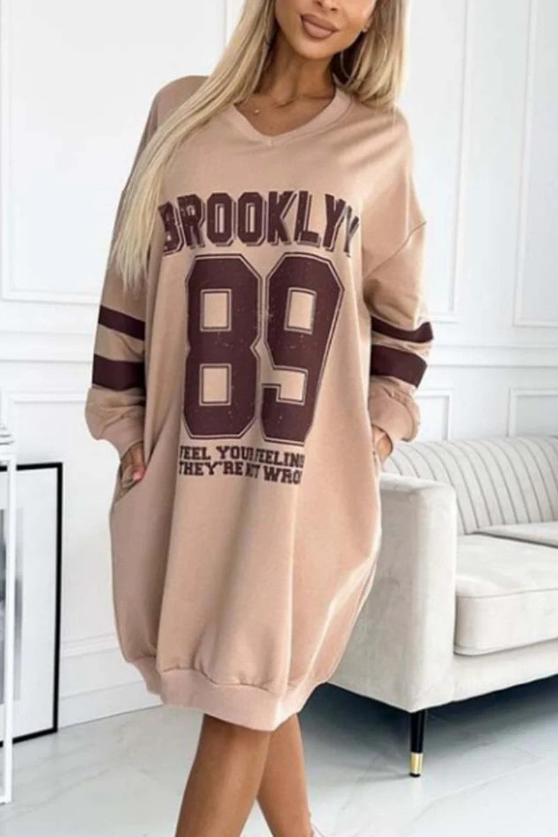 Street-Wave Oversized Sport Dress With V-Neck And Contrasting Sleeves For Women Casual Comfort