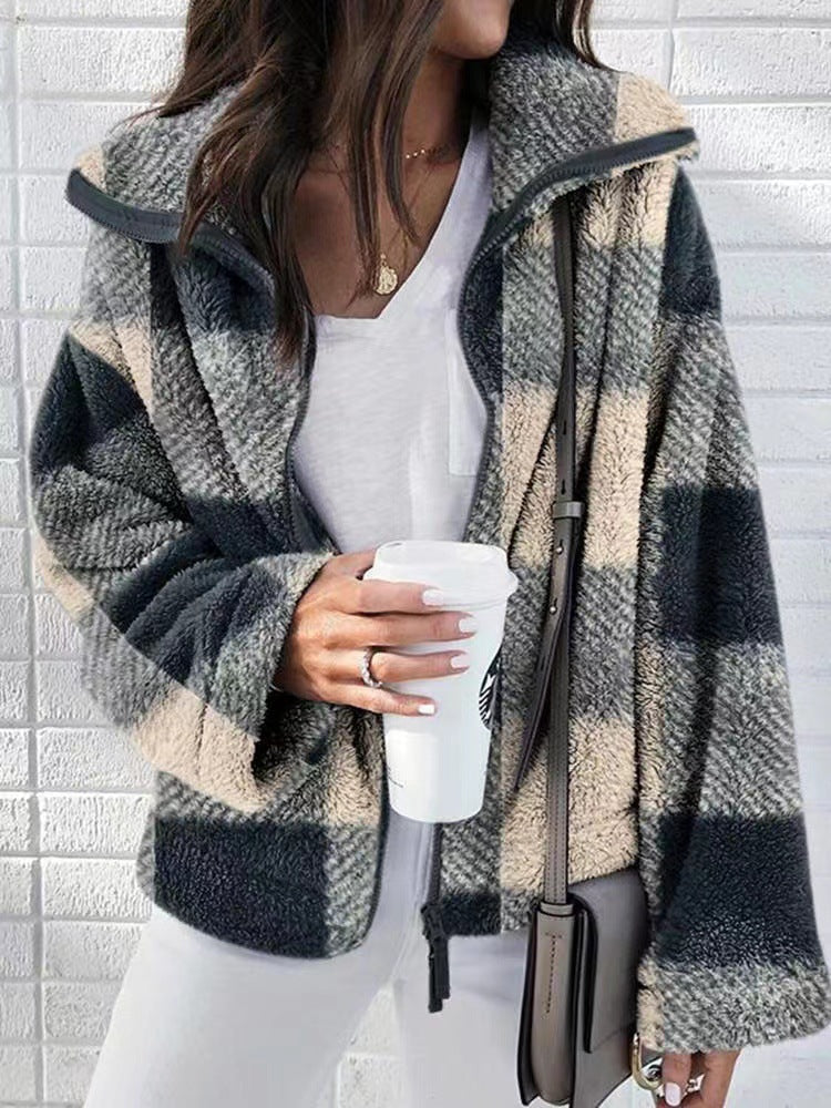 Street Wave Womens Cozy Fleece Jacket With Plaid Pattern High Collar Warmth And Comfort