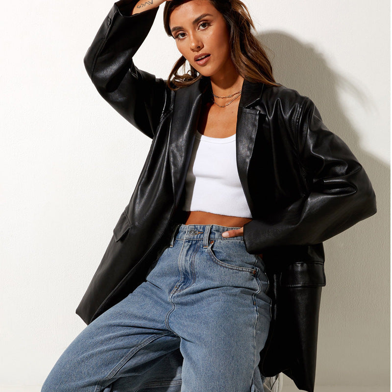 Street-Wave Womens Oversized Faux Leather Blazer Chic Elegant Coat For Fashion Forward Women
