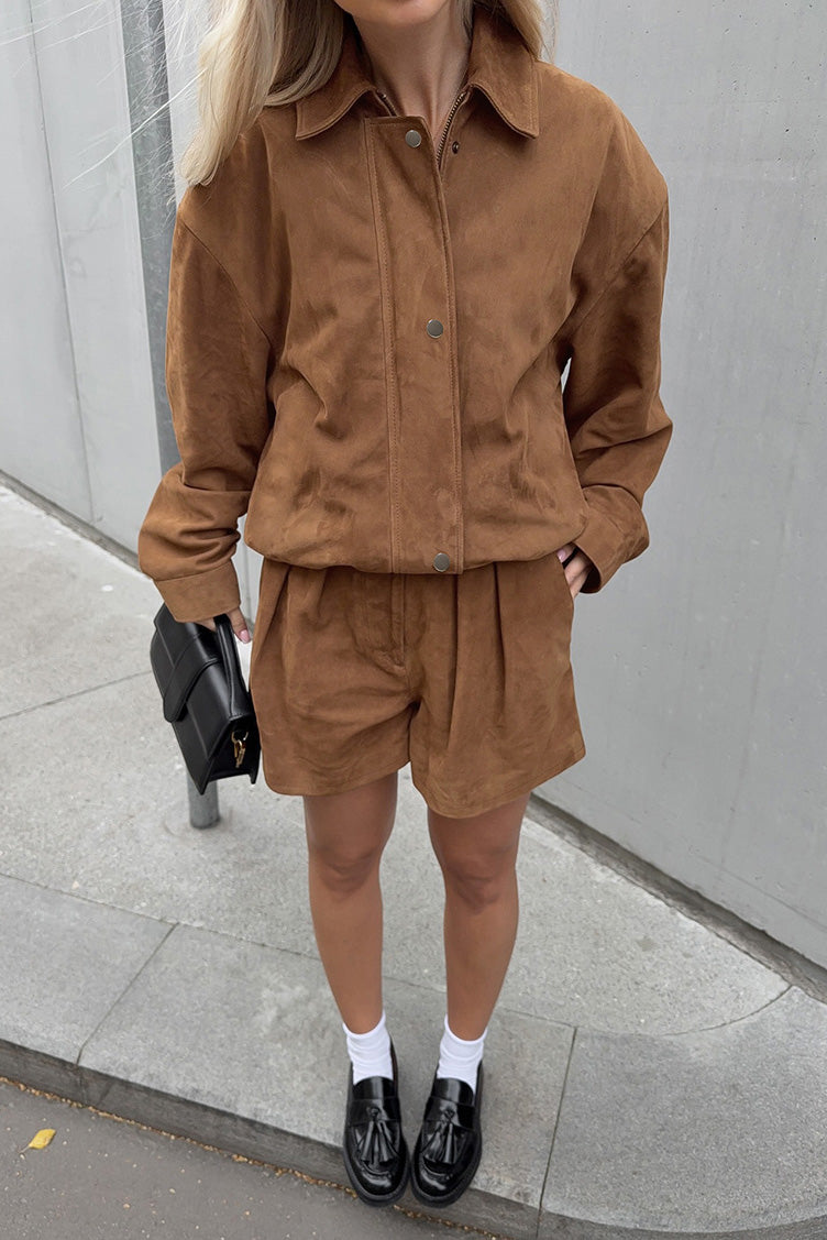 Street-wave Brown Suede Jacket and Shorts Set for Women with Soft Relaxed Silhouette