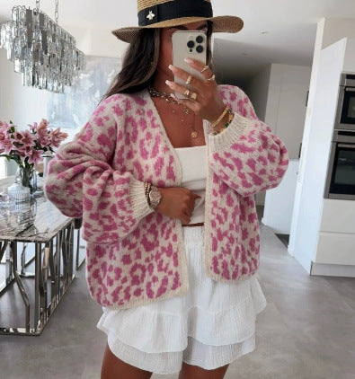 Leopard Print Cardigan For Women Street-Wave Cozy Knit Relaxed Fit Statement Style