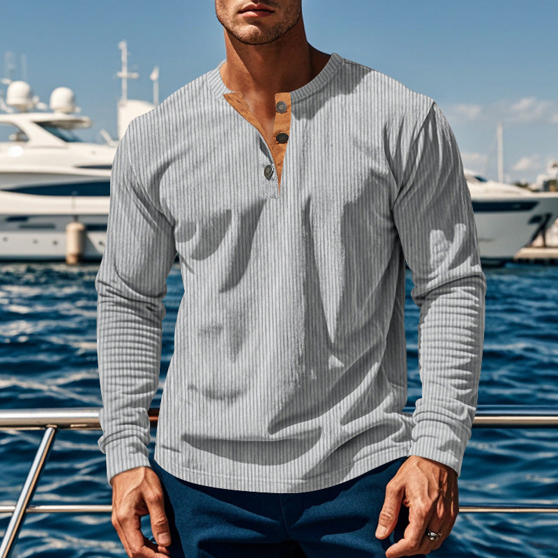 Streetwave Mens Long Sleeve Ribbed Knit Shirt With Button Placket For Daily Casuals