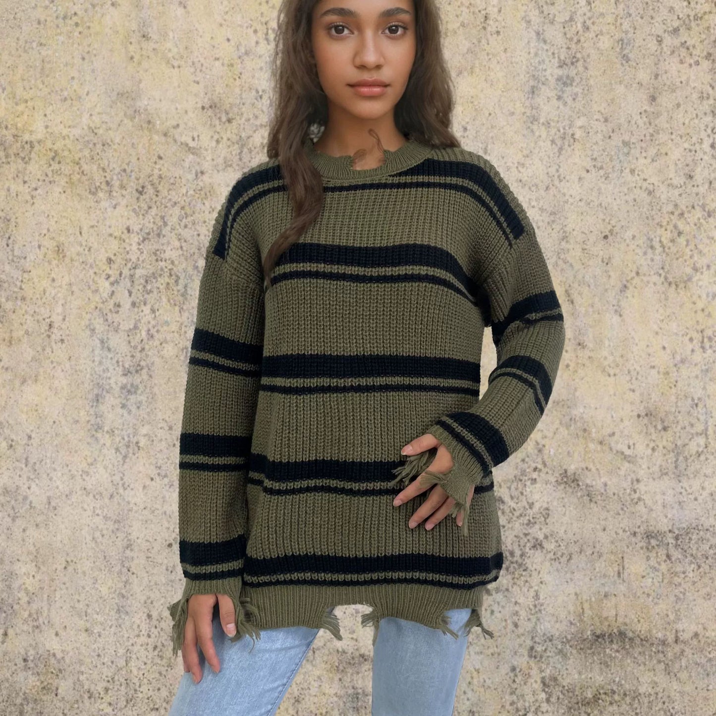Street-wave Cozy Oversized Striped Knit Wool Sweater With Fringed Hem For Plus Size Women