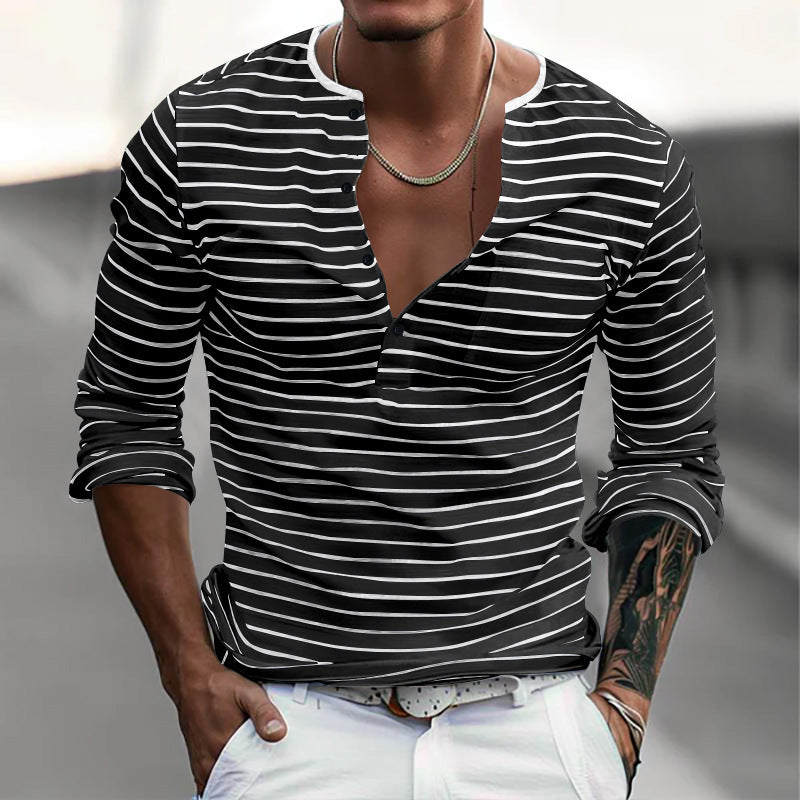 Street-wave Men's Striped Long Sleeve Henley Shirt With V-Neck Button Placket For Casual Style