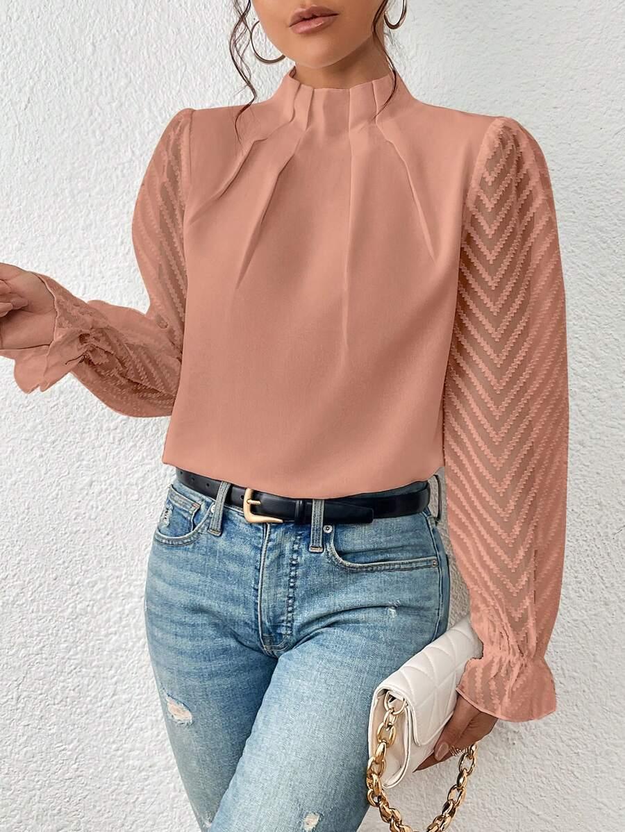 Street-wave Pleated Collar Blouse With Sheer Sleeves For Women, Chic Versatile Top