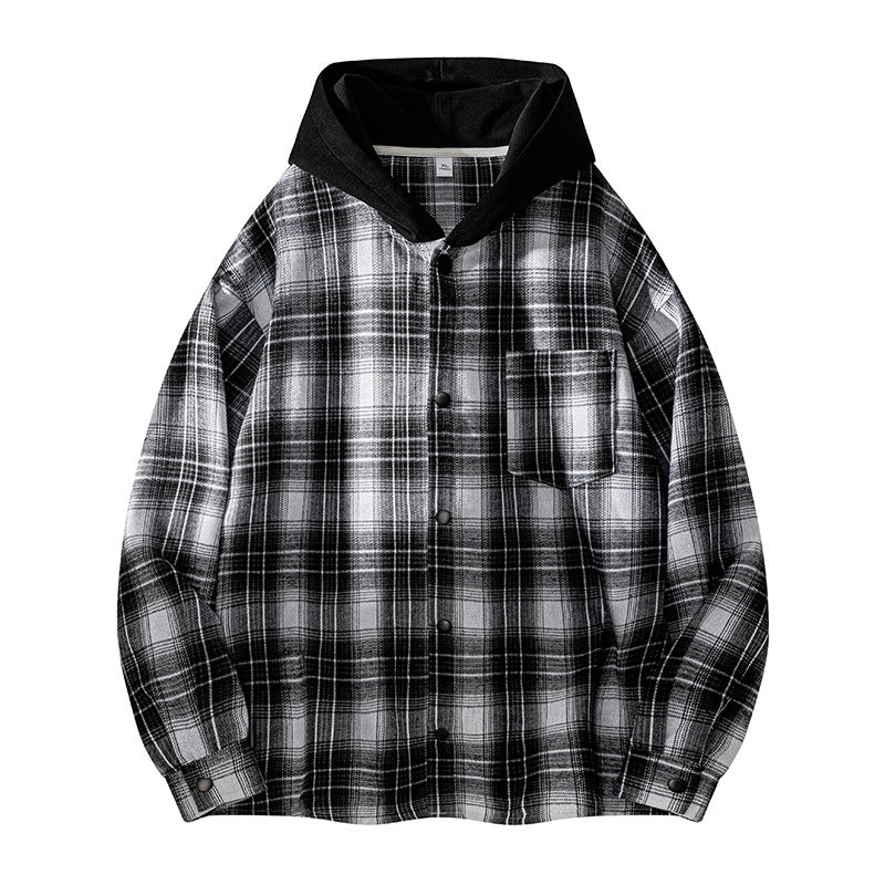 Street-wave Men's Hooded Plaid Shirt Jacket Lined Warm Casual Streetwear Versatile Outer Layer