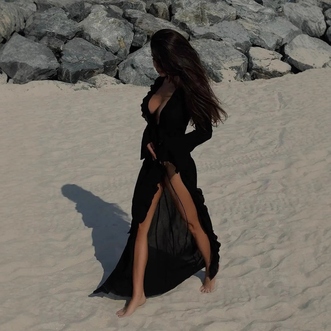 Street-Wave Women's Beach Dress Cover-Up Long Sleeve Sheer Breathable Ruffles