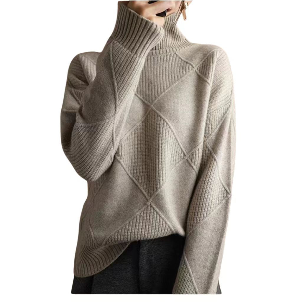 Street Wave Womens Cozy Chunky Knit Sweater With Roll Neck And Textured Diamond Pattern