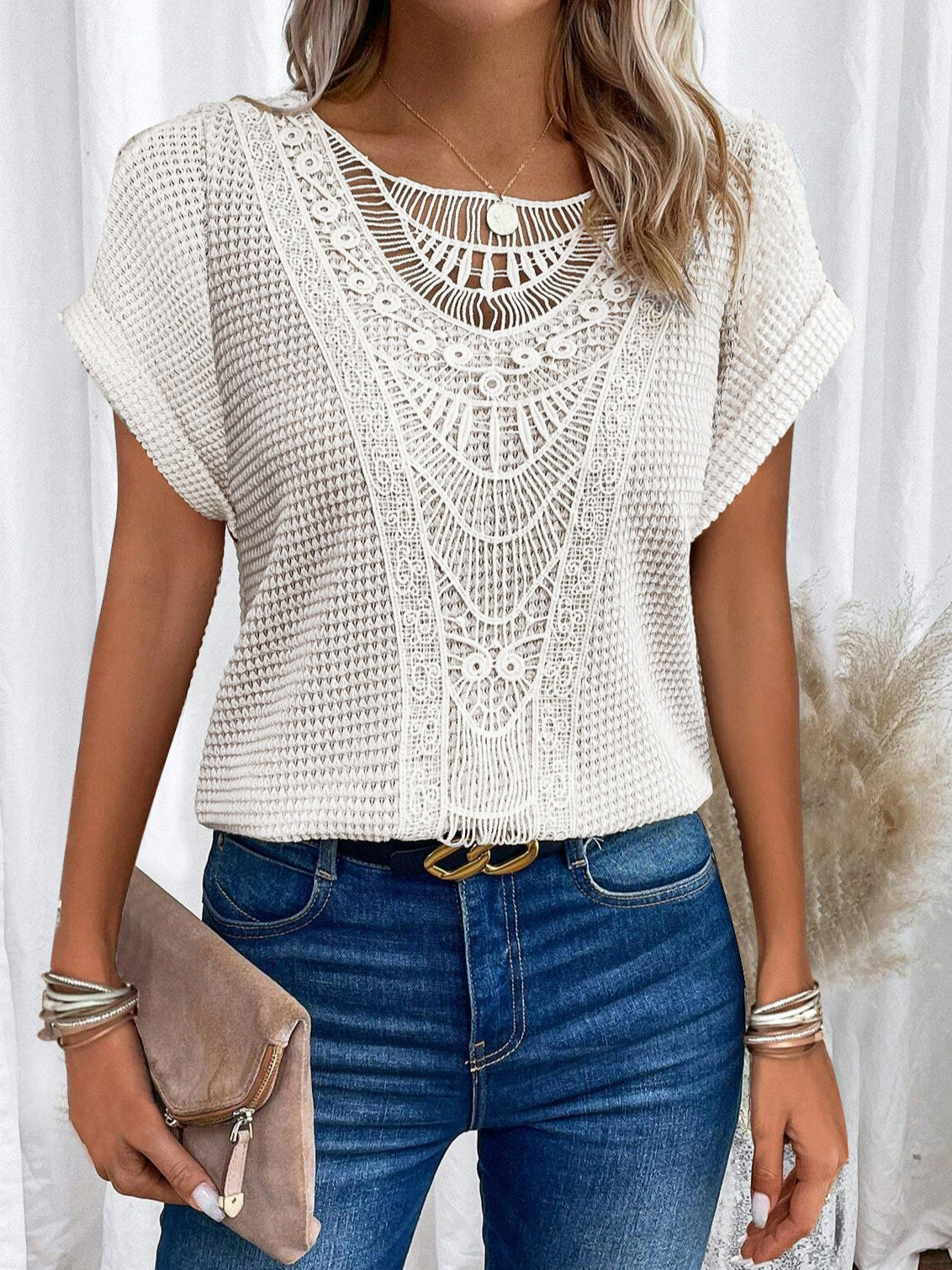 Womens Black Crochet Lace Top With Intricate Pattern And Relaxed Fit Street Wave