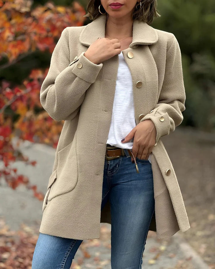 Streetwave Wool Coat For Women With Large Pockets And Side Bow Accent Cozy Warm Outerwear