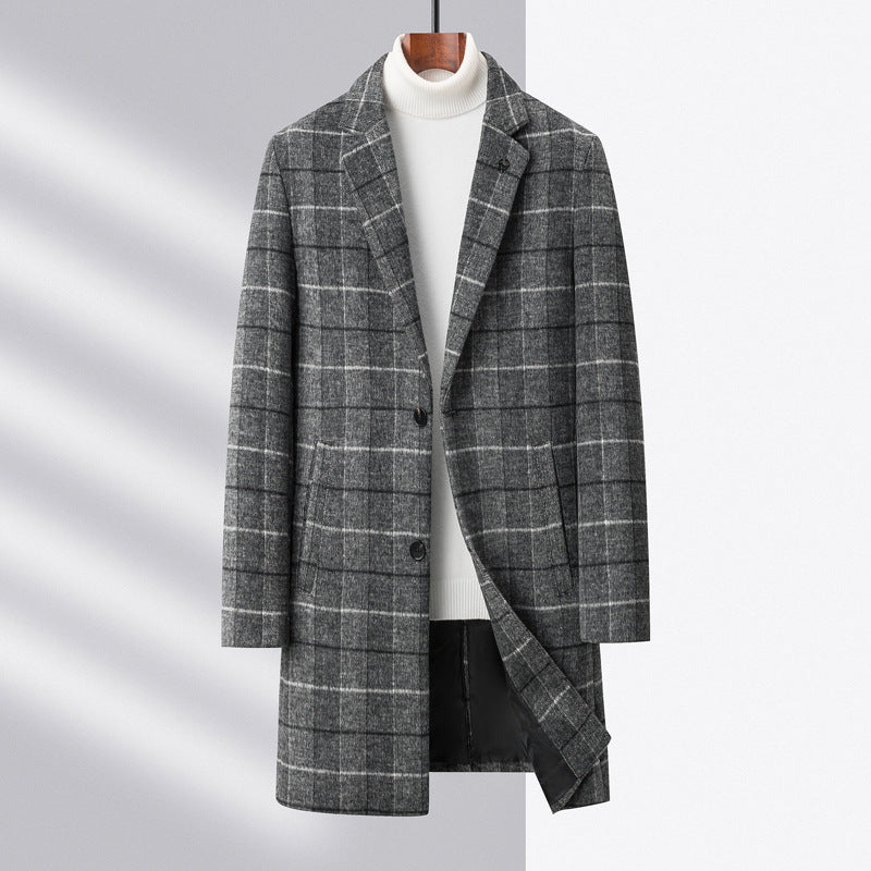 Men Wool Blend Overcoat Plaid Check Pattern Mid Length Notch Lapel Two Button Front Closure Classic Coat