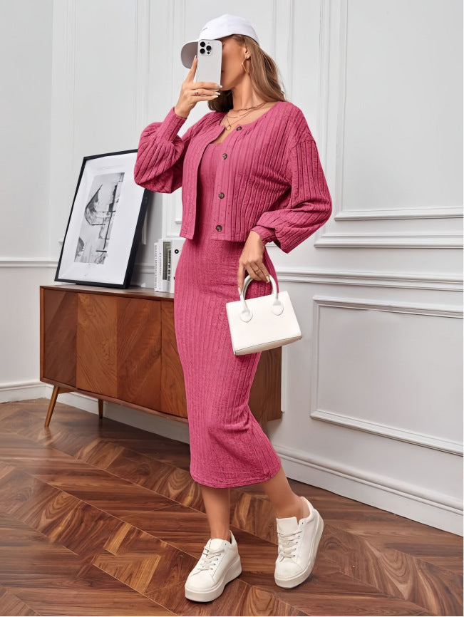 Streetwave Women Knit Set Button Front Cardigan With Oversized Sleeves Maxi Skirt Chic