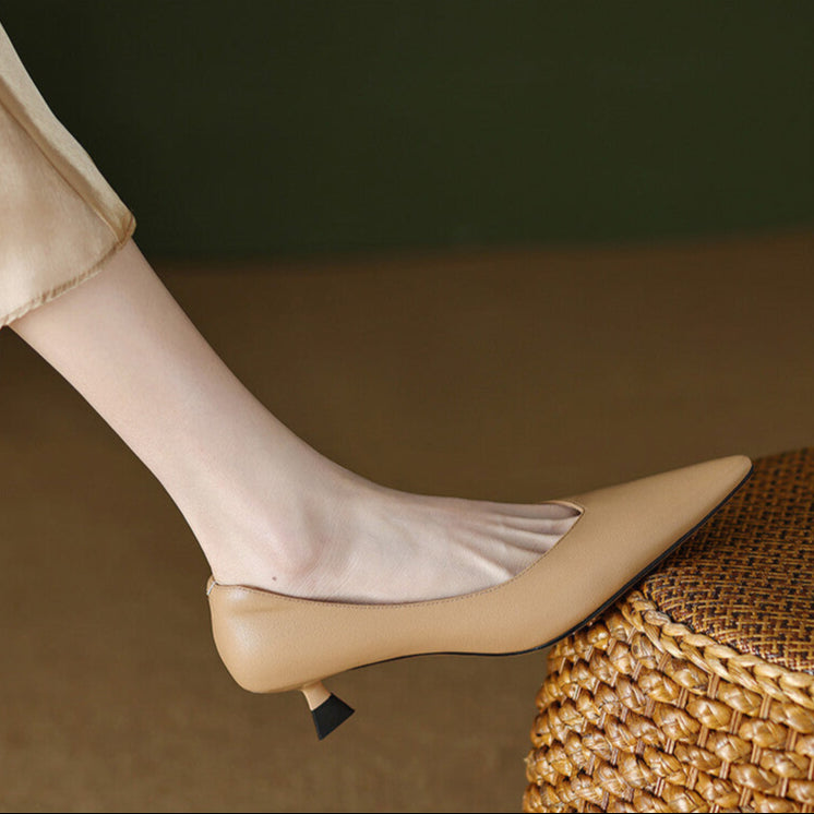 Women's Pointed Toe Pumps with Low Kitten Heel and Slip-On Design