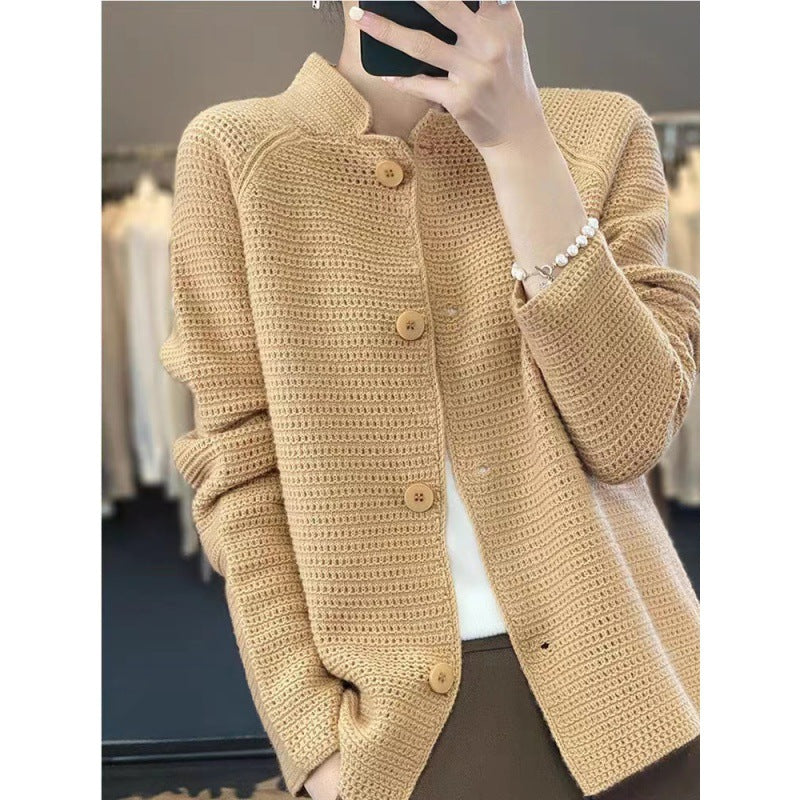 Women Knit Cardigan With Textured Stitch And Unique Button Details Street-wave Cozy Everyday Essential Soft Wool