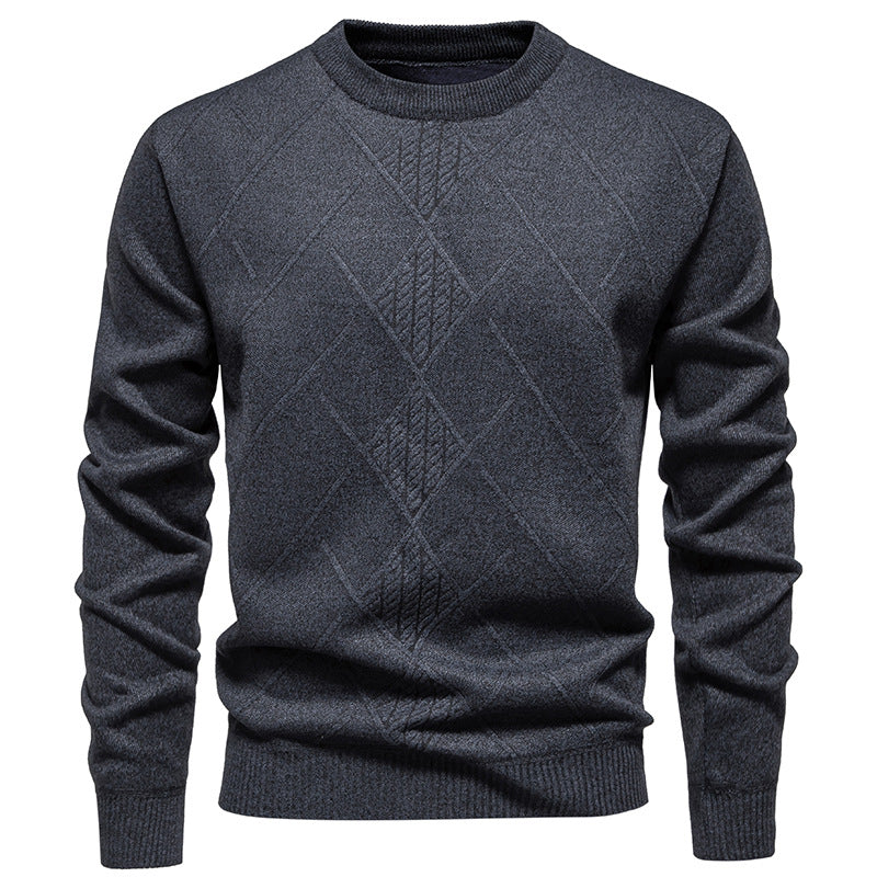 Mens Wool Knit Pullover With Diamond Pattern Street-Wave Classic Crewneck Breathable Warmth
