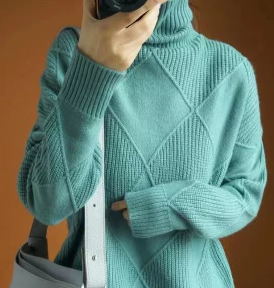 Street Wave Womens Cozy Chunky Knit Sweater With Roll Neck And Textured Diamond Pattern