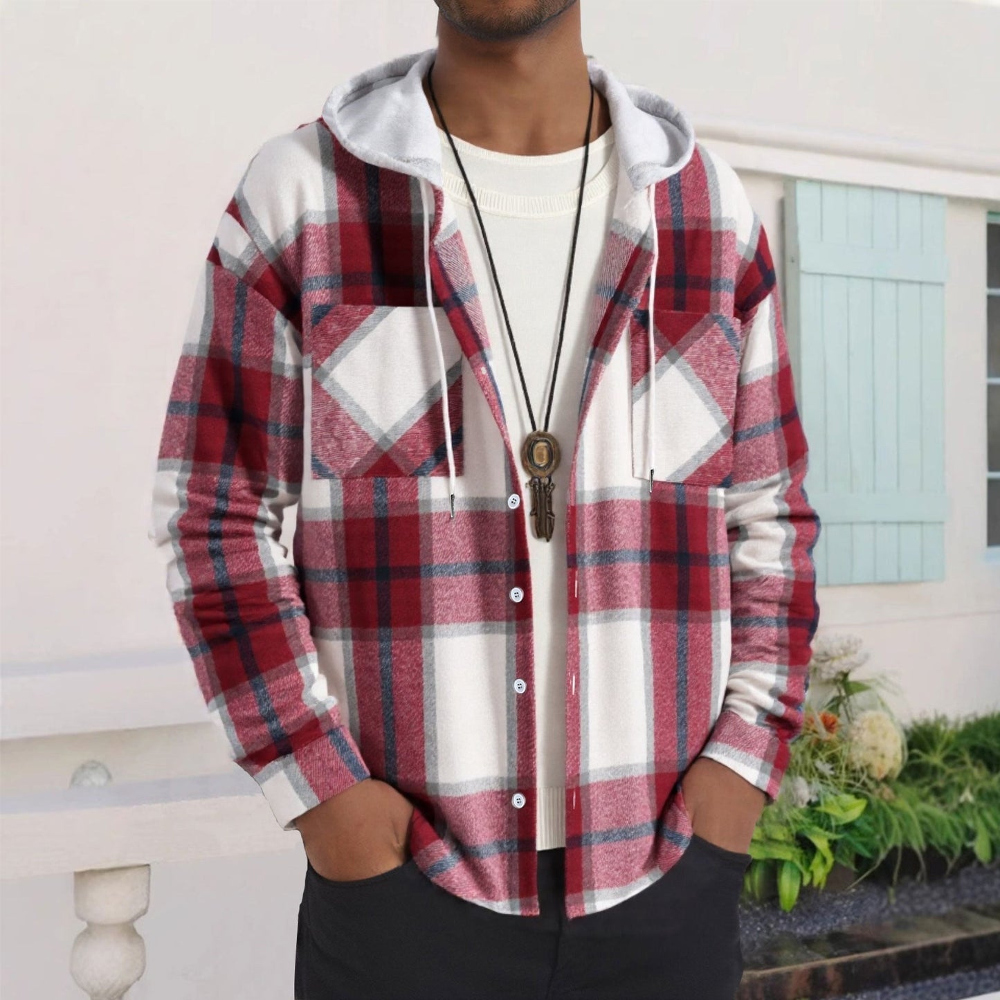 Street-Wave Men's Plaid Flannel Jacket With Hoodie And Practical Pockets Cozy Versatile Everyday Wear