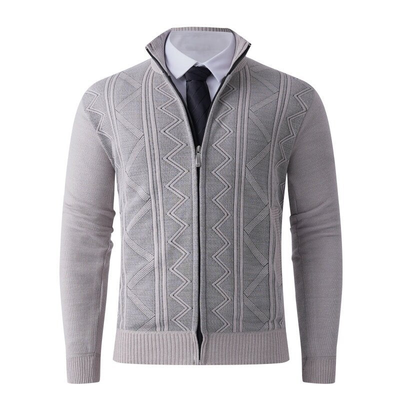 Street-Wave Men's Knit Cardigan With Modern Zip Closure And Elegant Geometric Pattern For Everyday Wear