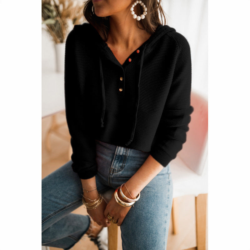 Streetwave Womens Hooded Pullover With Button Front And High Collar Soft Knit Fabric For All Day Comfort