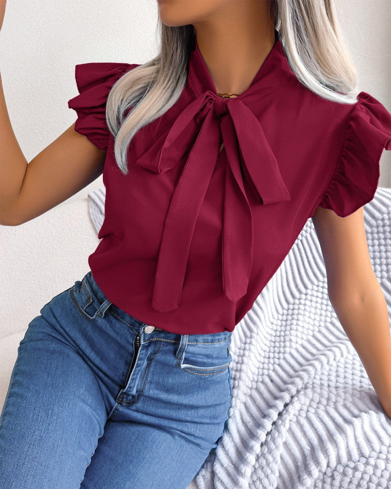 Street Wave Womens Blouse With Ruffle Details And Bow Neckline Elegant Chic Everyday Top