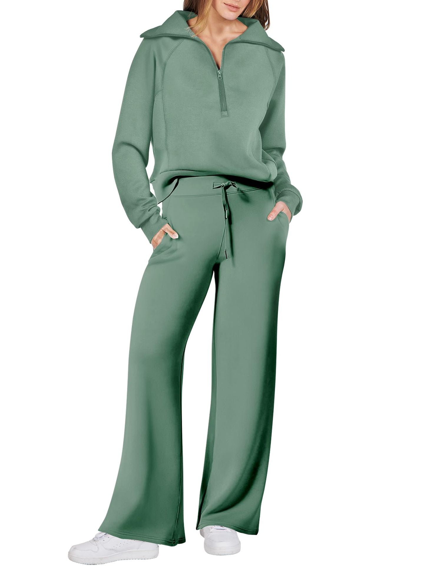 Street-wave Women’s Cozy Two Piece Set With Zip Front And Pockets Casual Loungewear For Home