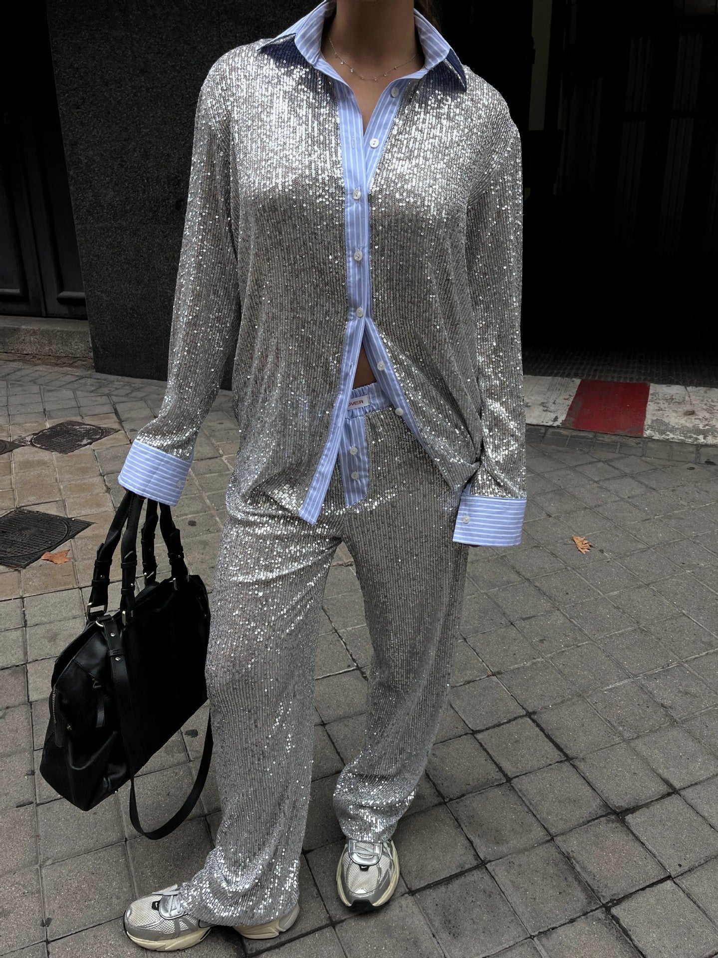 Street Wave Sequin Two Piece Suit Set With Loose Blazer And Wide Leg Pants For Party Glam