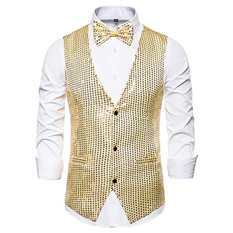Streetwave Men Sequin Waistcoat With Matching Bow Tie Elegant Festive Vest For Weddings