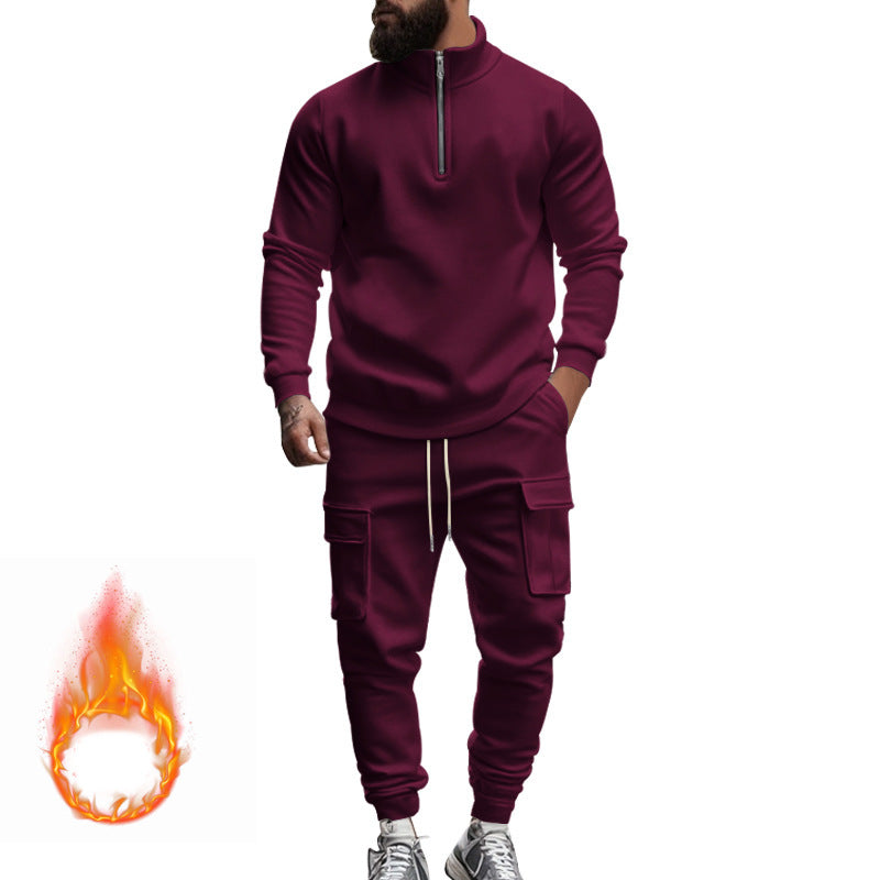 Street-wave Men's Fleece Set With Zip Front Hoodie And Cargo Joggers For Active Comfort