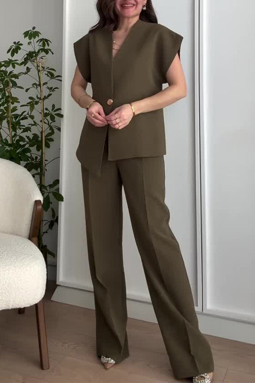 Street-wave Asymmetrical V-Neck Two-Piece Suit For Women, Tailored Pants, Modern Chic