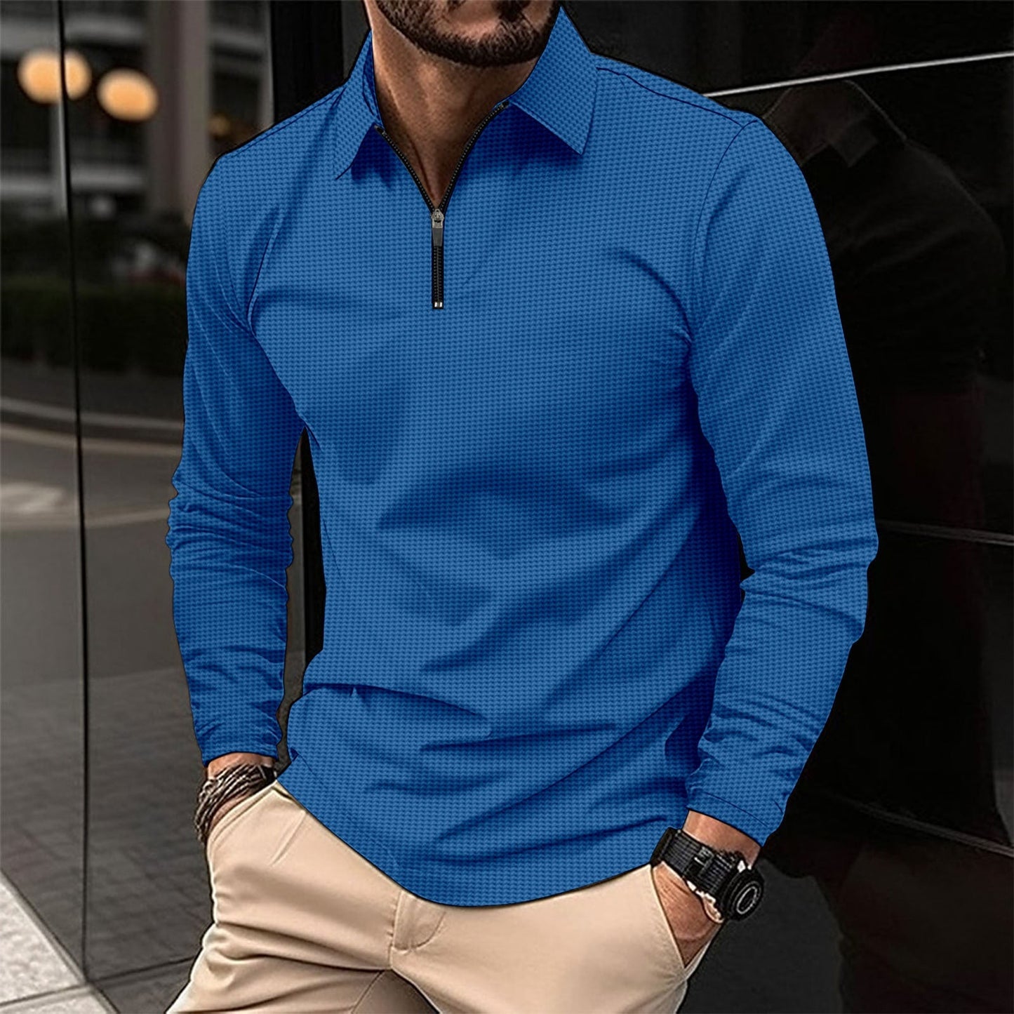 Street Wave Mens Long Sleeve Zipper Shirt With Textured Design Smart Casual Everyday Wear